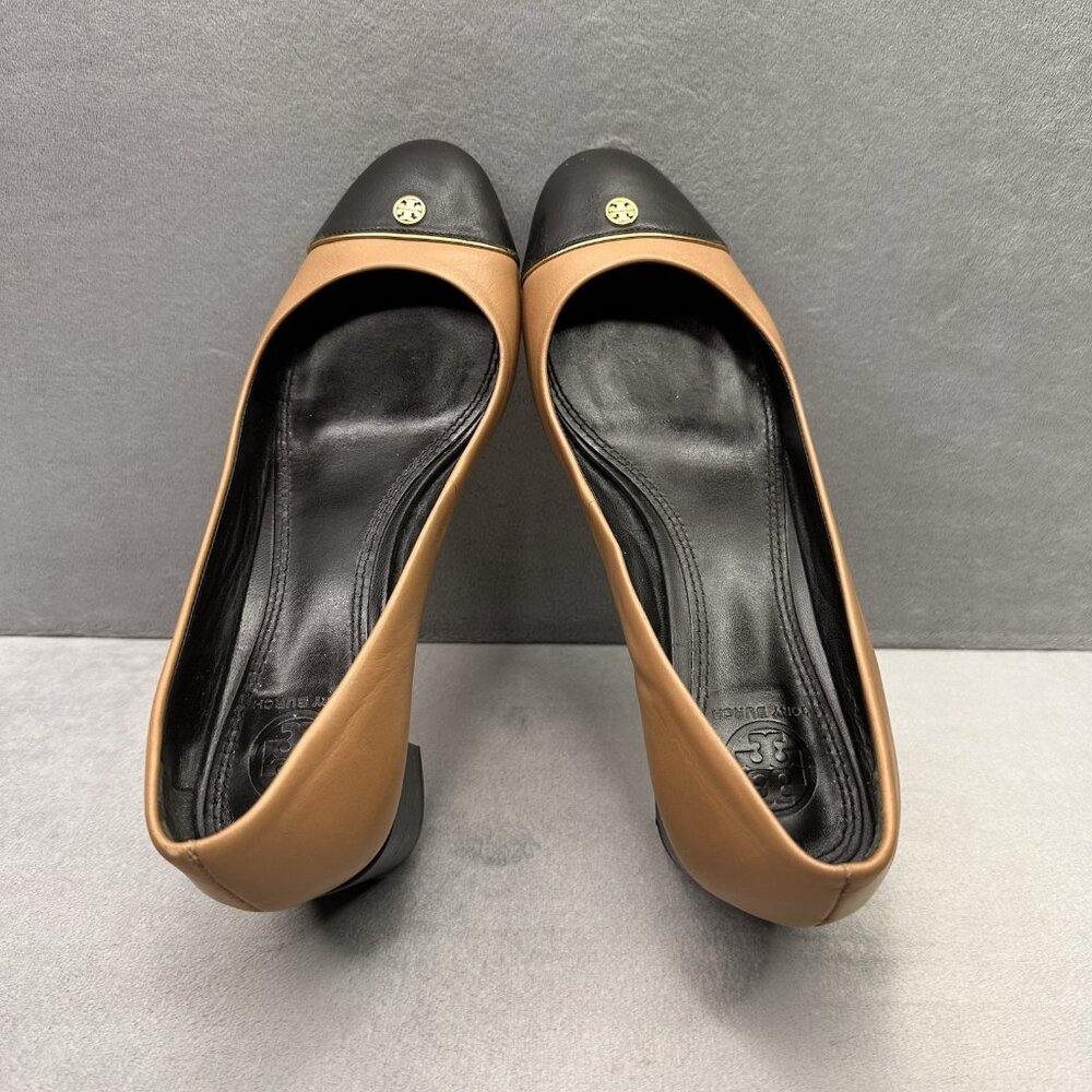 Tory Burch Ethel Two-Tone Tan and Black Leather Block Heel Pumps - Picture 6 of 10